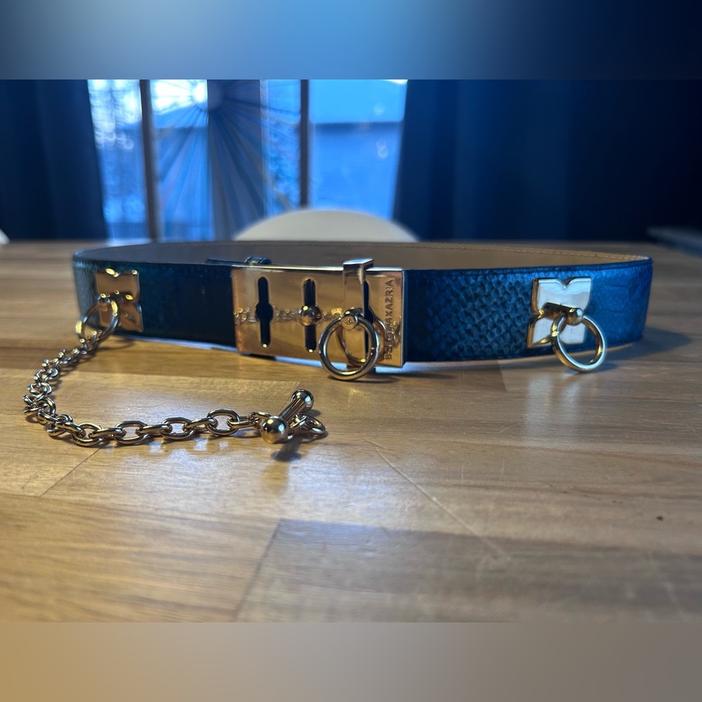 BCBGMaxAzria Black Leather Belt with Gold Hardware and Chain